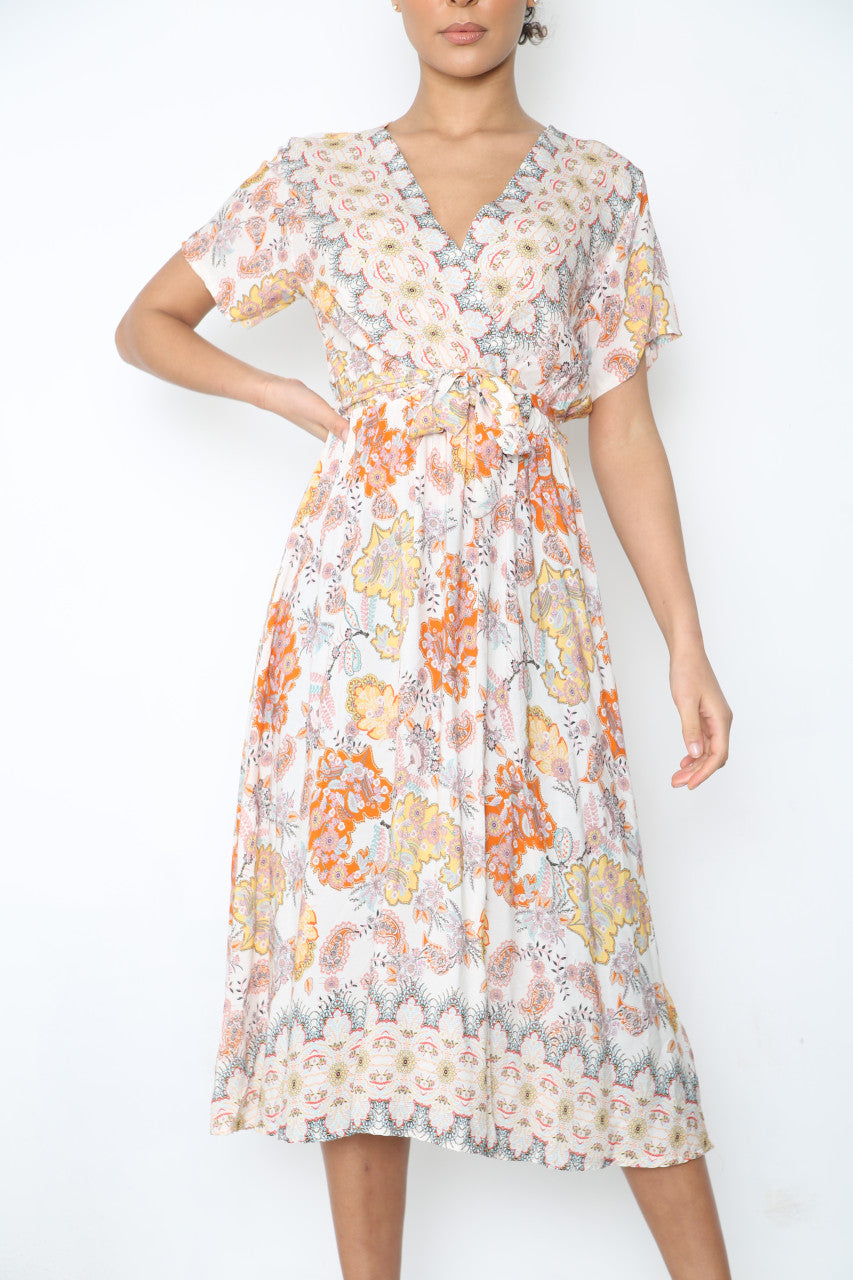 Ladies Paisley Floral Print Wrap Style Dress White