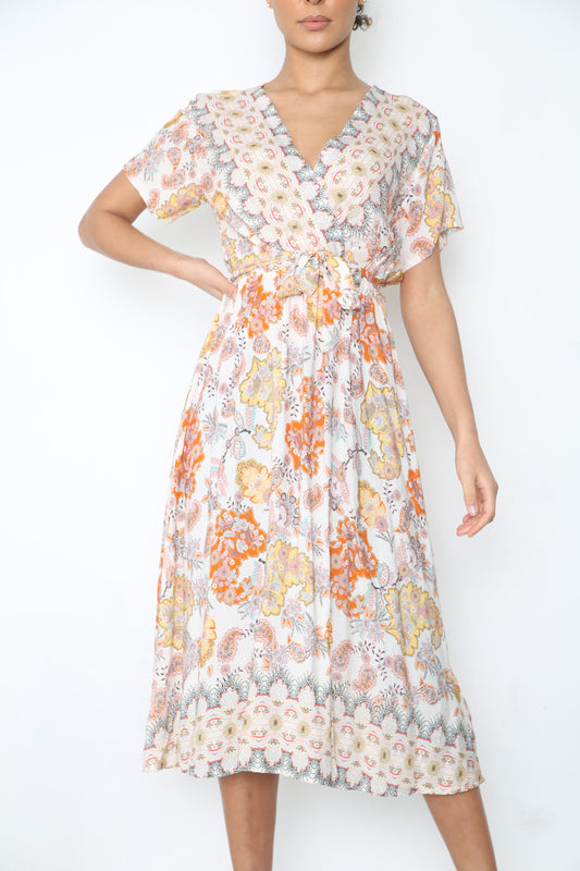 Ladies Paisley Floral Print Wrap Style Dress White