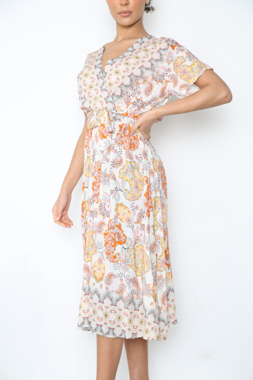 Ladies Paisley Floral Print Wrap Style Dress White