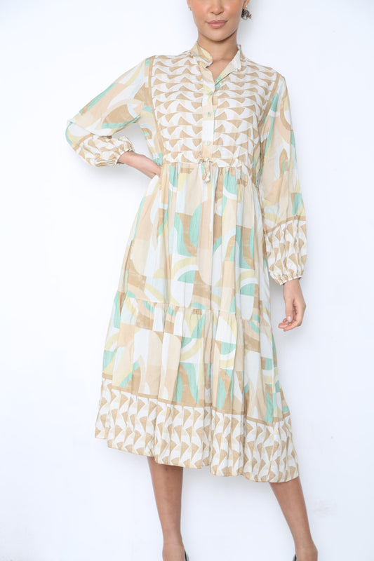 Ladies Aztec Shapes Print Shirt Style Maxi Dress Stone