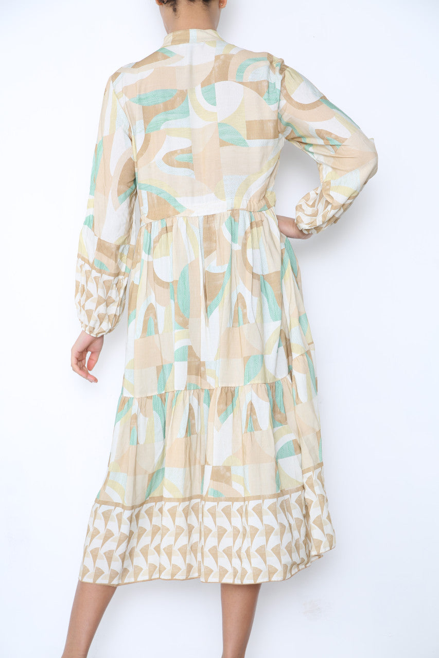 Ladies Aztec Shapes Print Shirt Style Maxi Dress Stone
