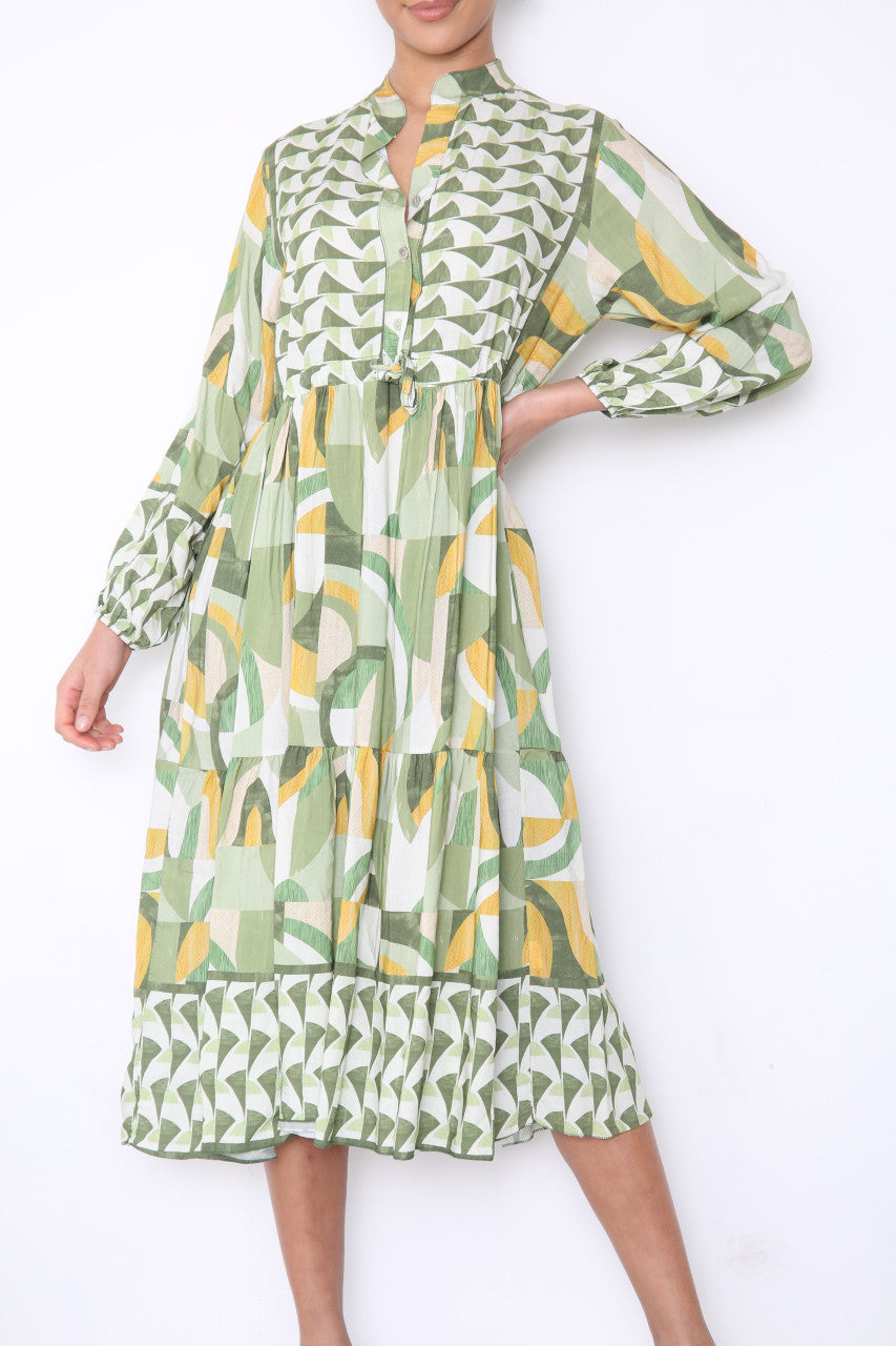 Ladies Aztec Shapes Print Shirt Style Maxi Dress Green