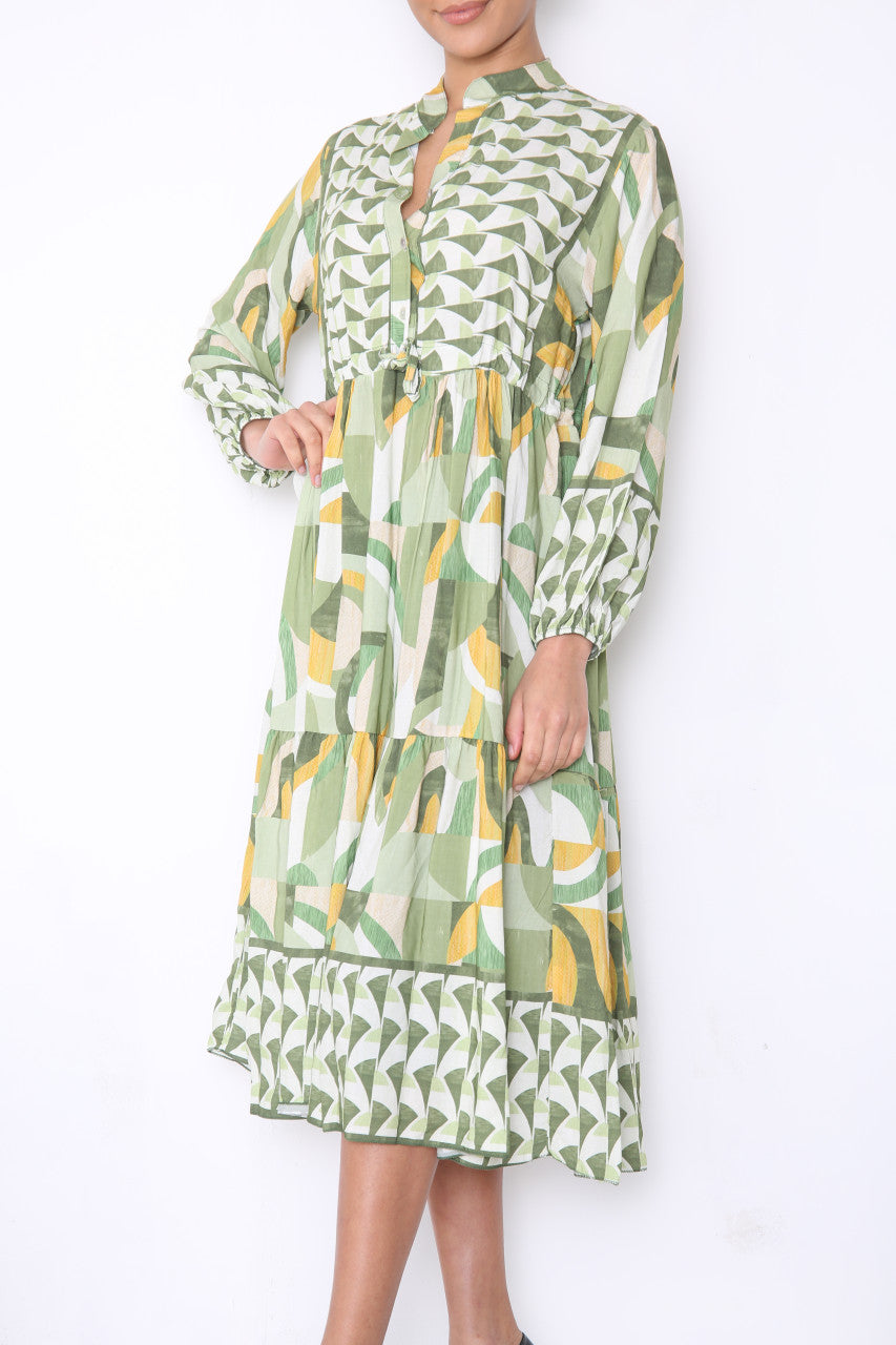Ladies Aztec Shapes Print Shirt Style Maxi Dress Green