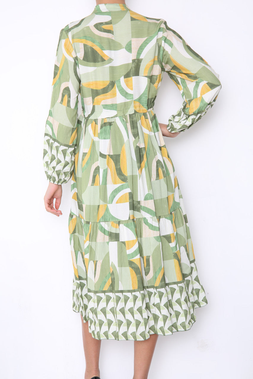 Ladies Aztec Shapes Print Shirt Style Maxi Dress Green