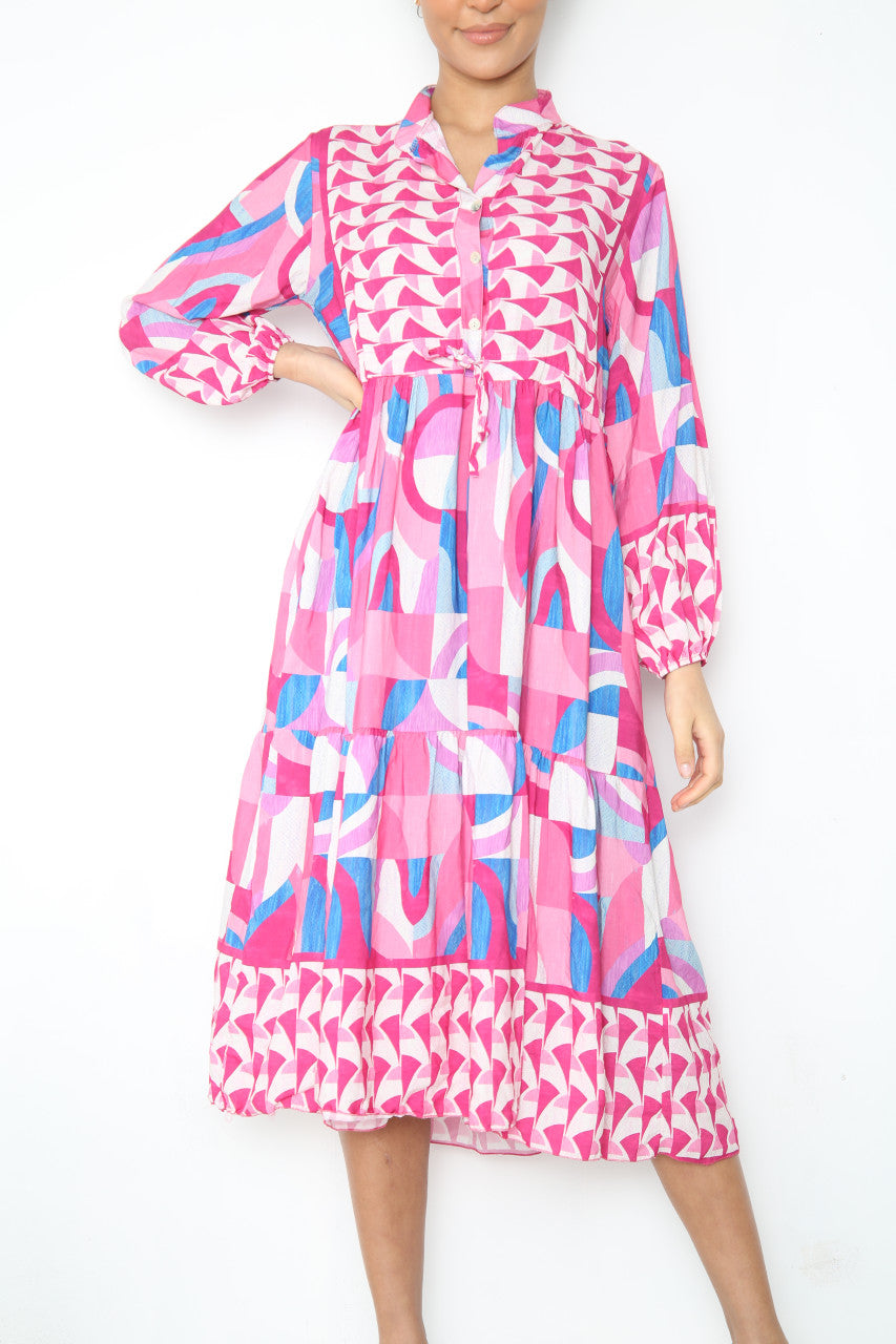 Dames maxi-jurk met Azteekse print en overhemdstijl, kersrood