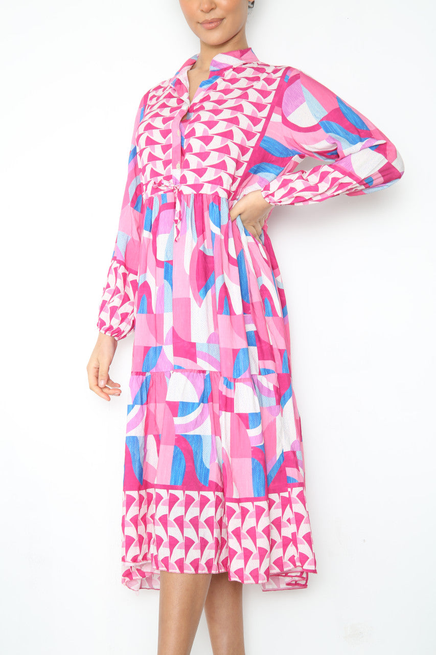 Dames maxi-jurk met Azteekse print en overhemdstijl, kersrood