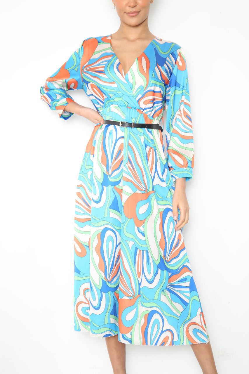 Dames Jurk Met Overlap En Riem Met Opvallende Wervelprint - Blauw