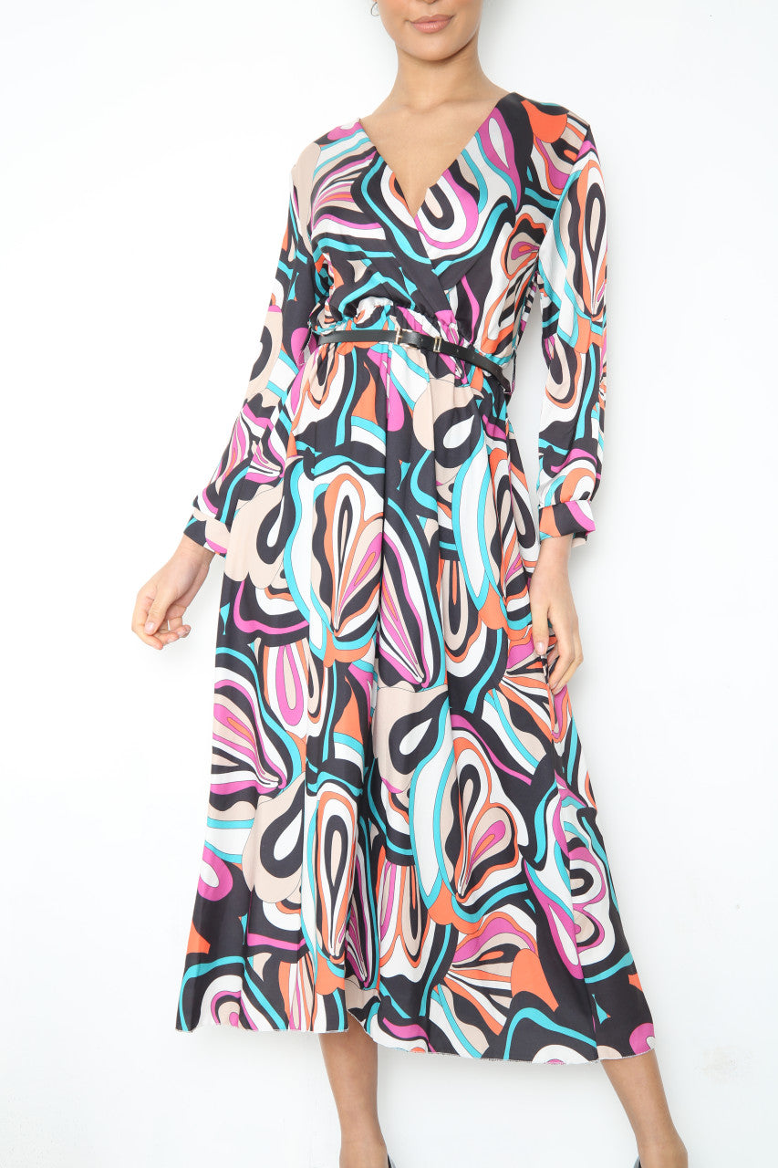 Ladies Bold Swirl Print Wrap Style Dress With Belt Black