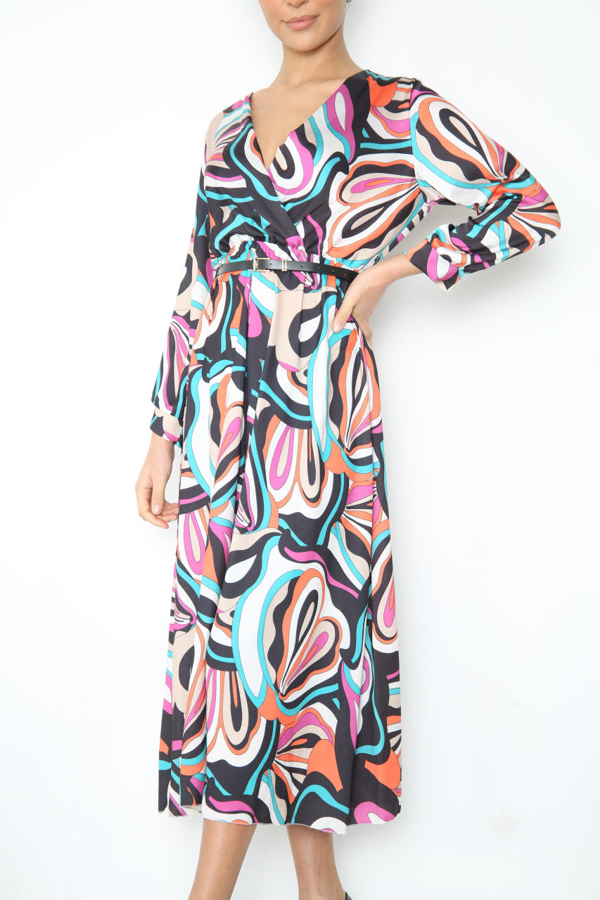 Ladies Bold Swirl Print Wrap Style Dress With Belt Black