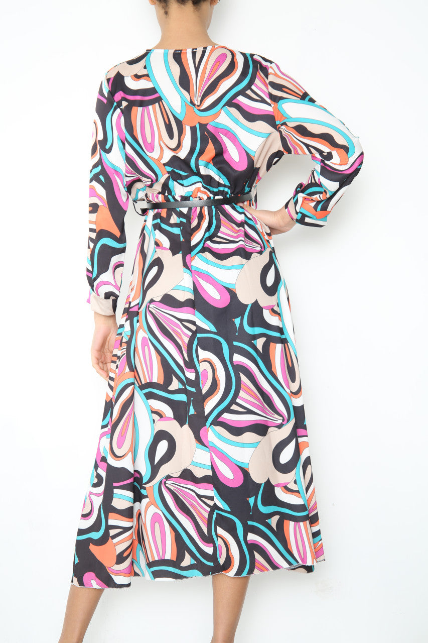 Ladies Bold Swirl Print Wrap Style Dress With Belt Black