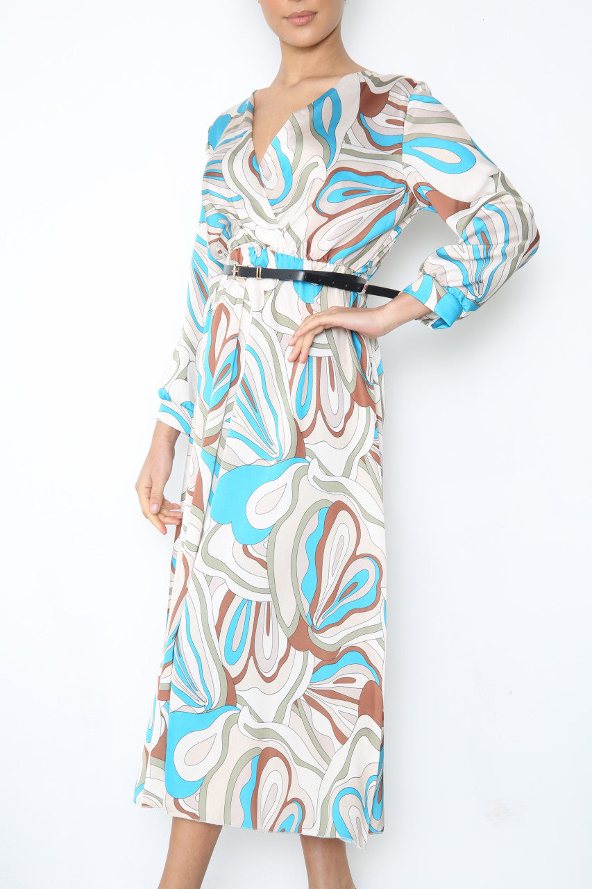 Ladies Bold Swirl Print Wrap Style Dress With Belt Stone