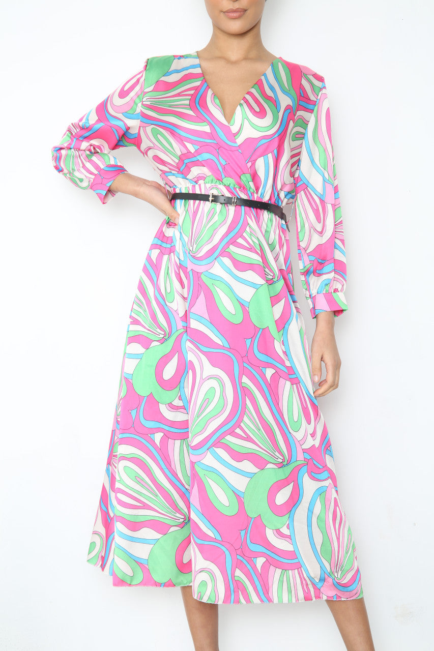 Ladies Bold Swirl Print Wrap Style Dress With Belt Cerise