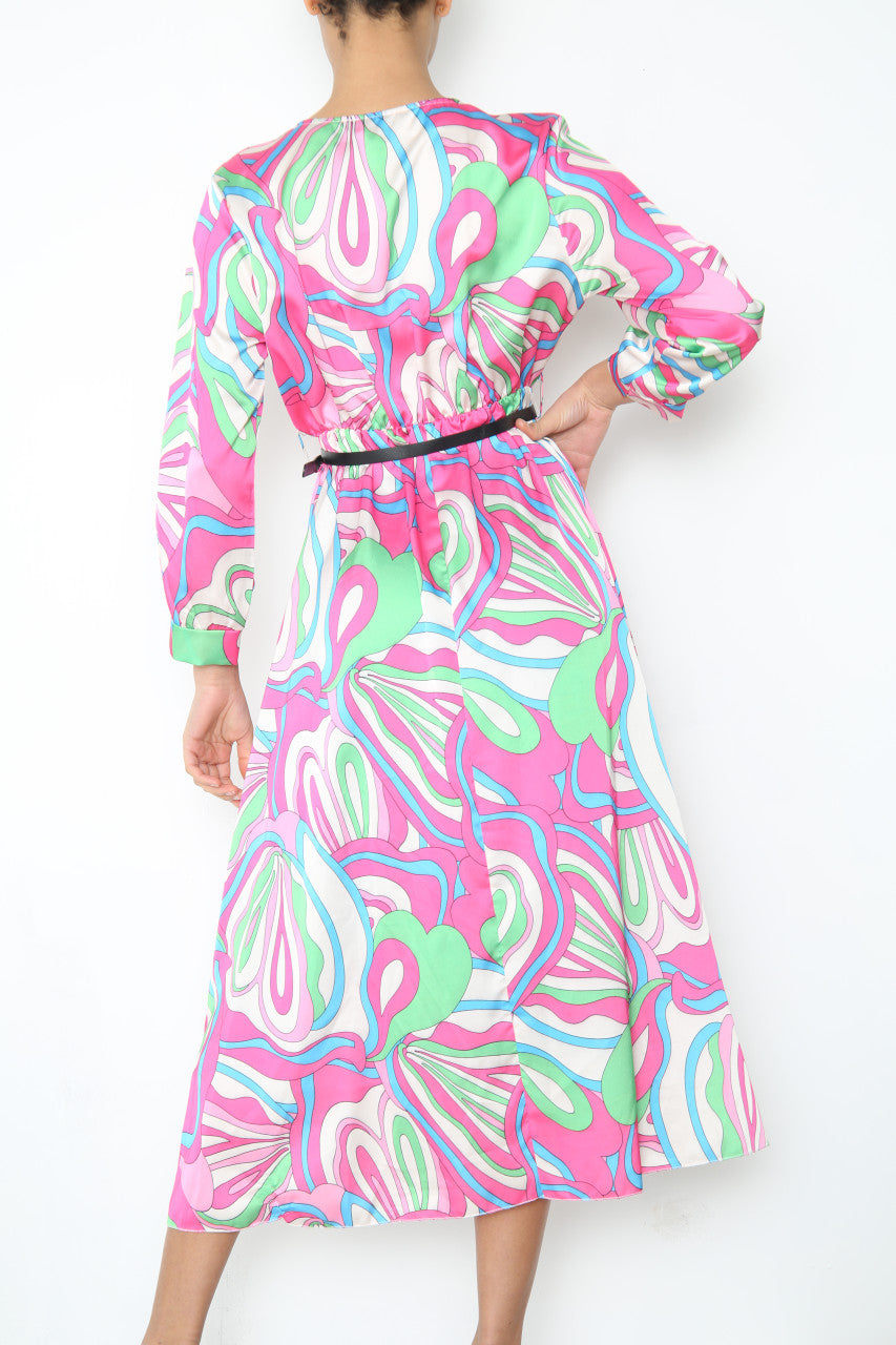 Ladies Bold Swirl Print Wrap Style Dress With Belt Cerise