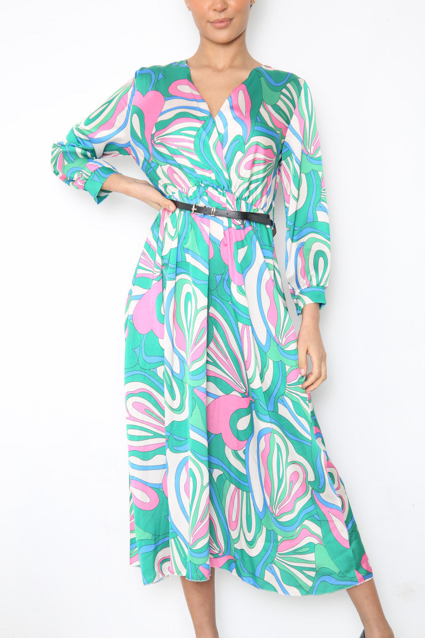 Ladies Bold Swirl Print Wrap Style Dress With Belt Green