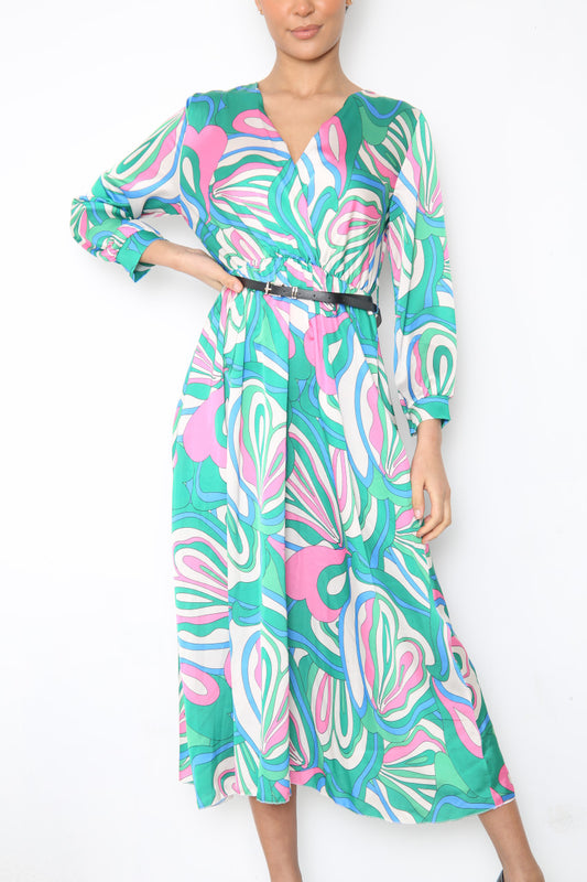 Ladies Bold Swirl Print Wrap Style Dress With Belt Green