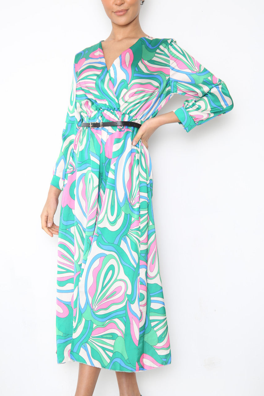 Ladies Bold Swirl Print Wrap Style Dress With Belt Green