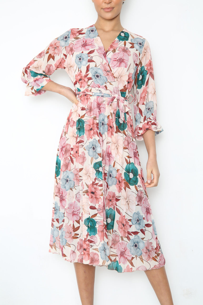 Ladies Flowers Print Wrap Style Dress With Belt Cream