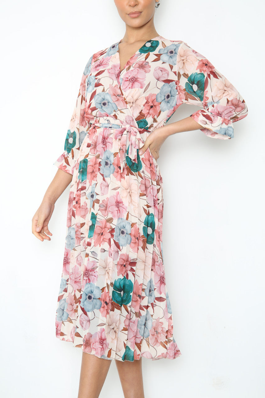 Ladies Flowers Print Wrap Style Dress With Belt Cream