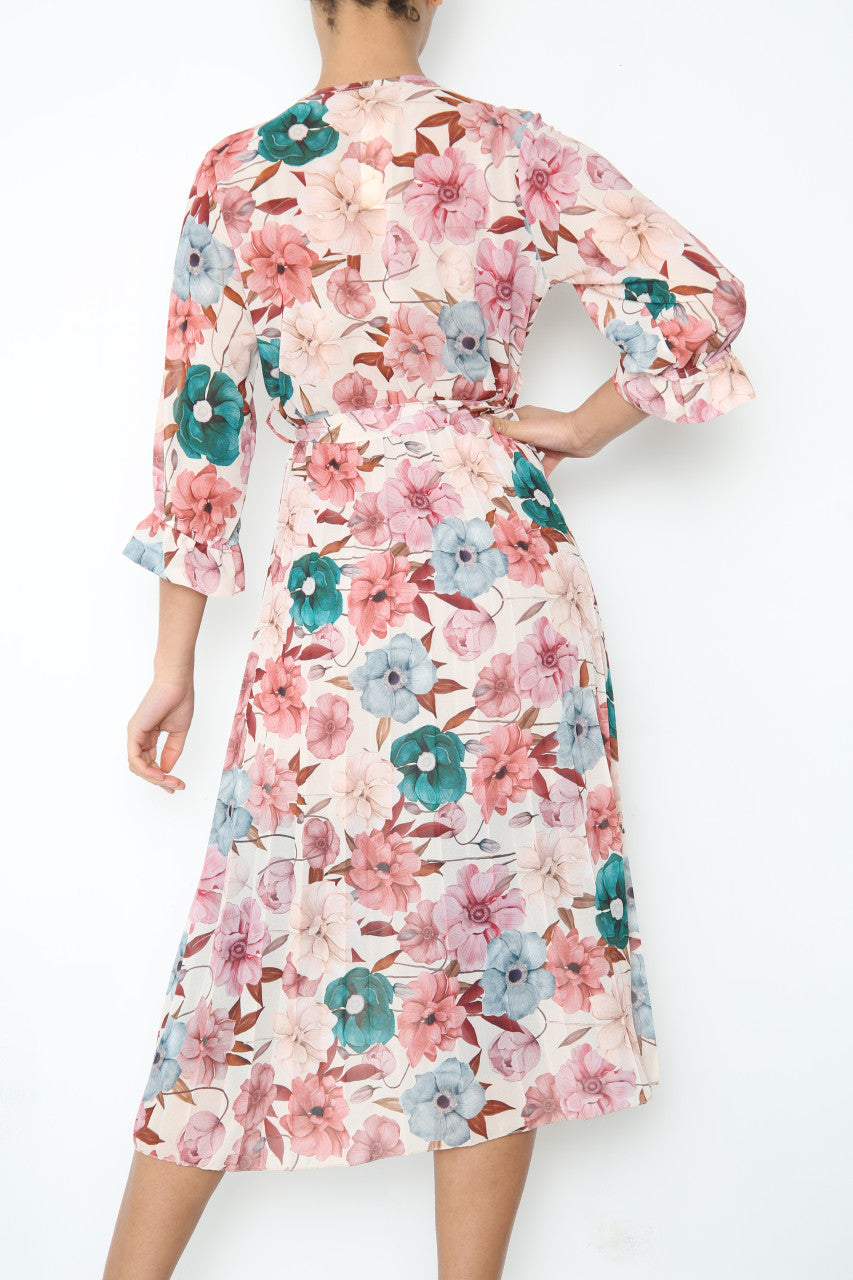 Ladies Flowers Print Wrap Style Dress With Belt Cream