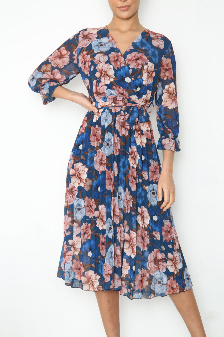 Ladies Flowers Print Wrap Style Dress With Belt Navy