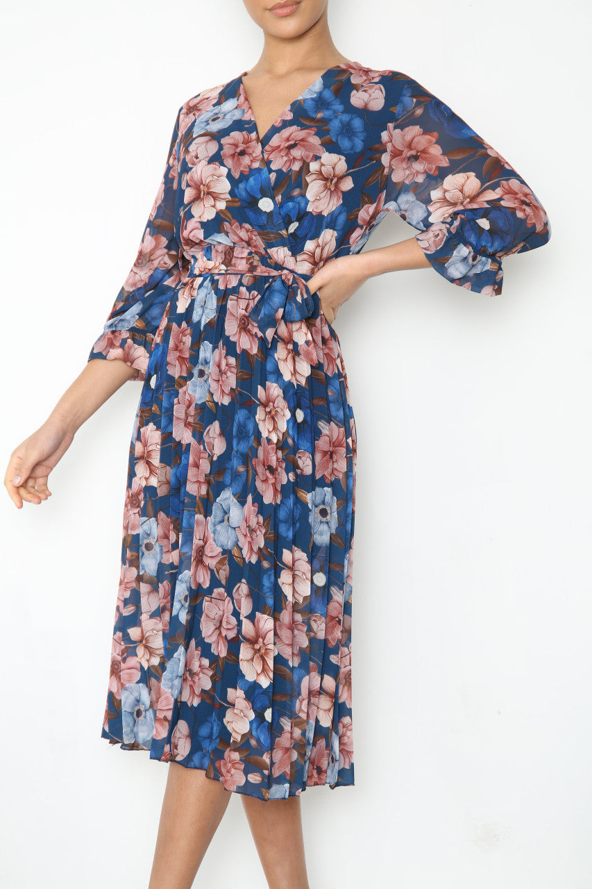Ladies Flowers Print Wrap Style Dress With Belt Navy