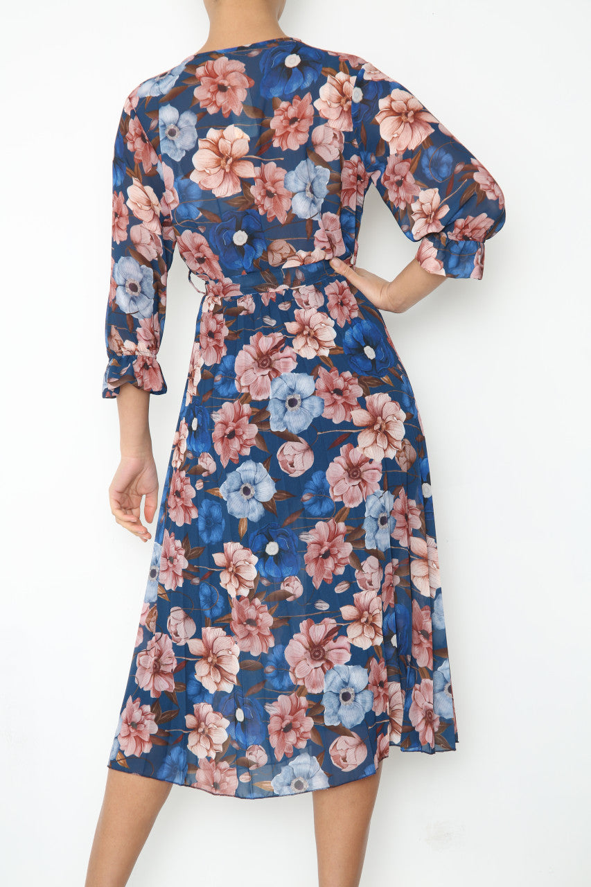 Ladies Flowers Print Wrap Style Dress With Belt Navy