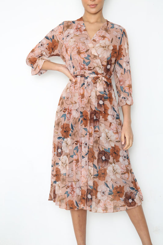 Damesjurk met bloemenprint, overslagmodel met ceintuur bruin