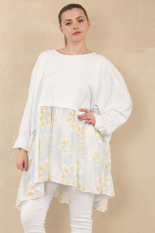 FLORAL PRINT PANEL FLOATY TOP - WHITE