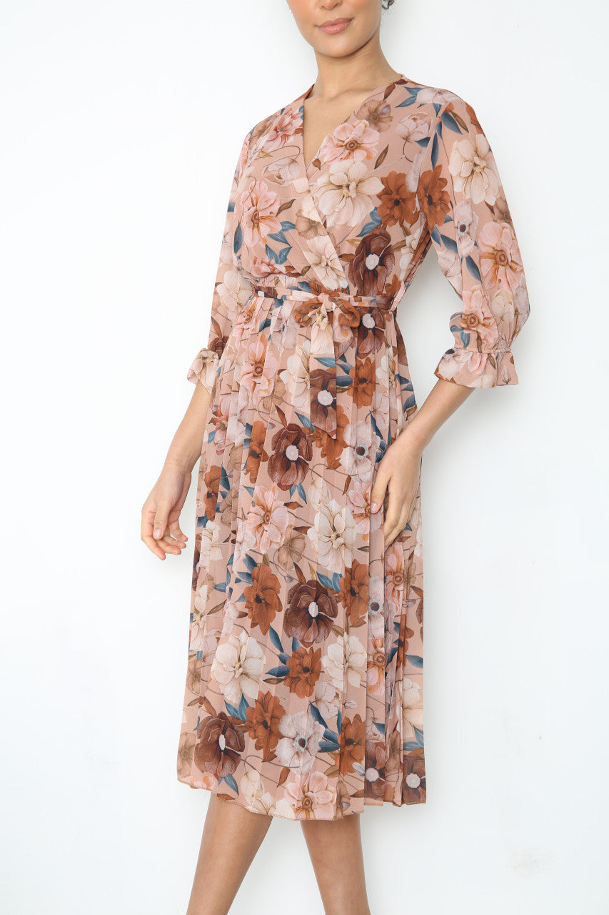 Ladies Flowers Print Wrap Style Dress With Belt Brown