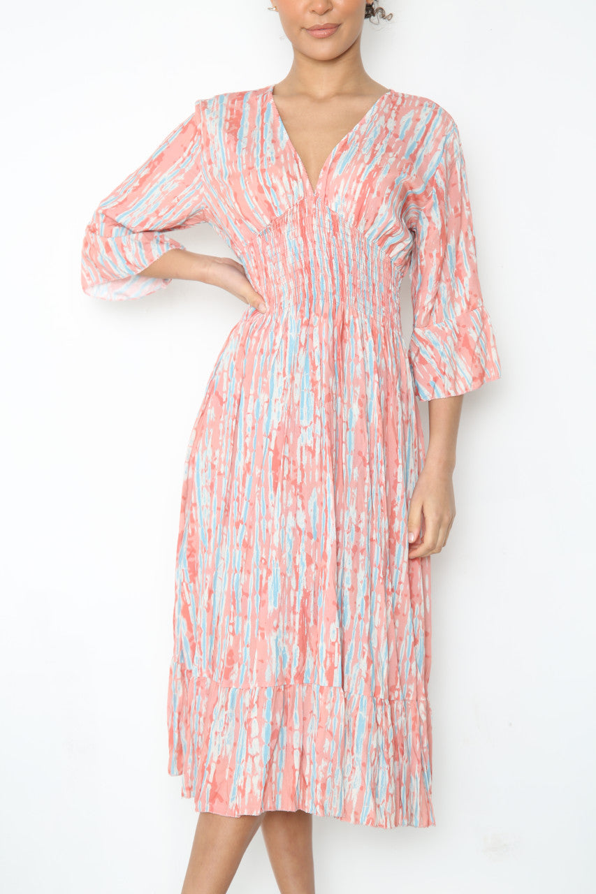 Dames Maxi-jurk met elastische tailleband en Tie-Dye print Stoffig Roze