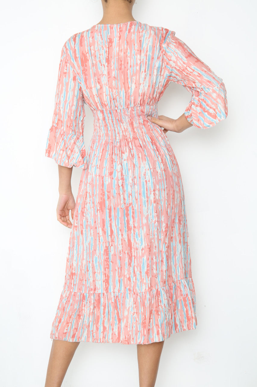 Dames Maxi-jurk met elastische tailleband en Tie-Dye print Stoffig Roze
