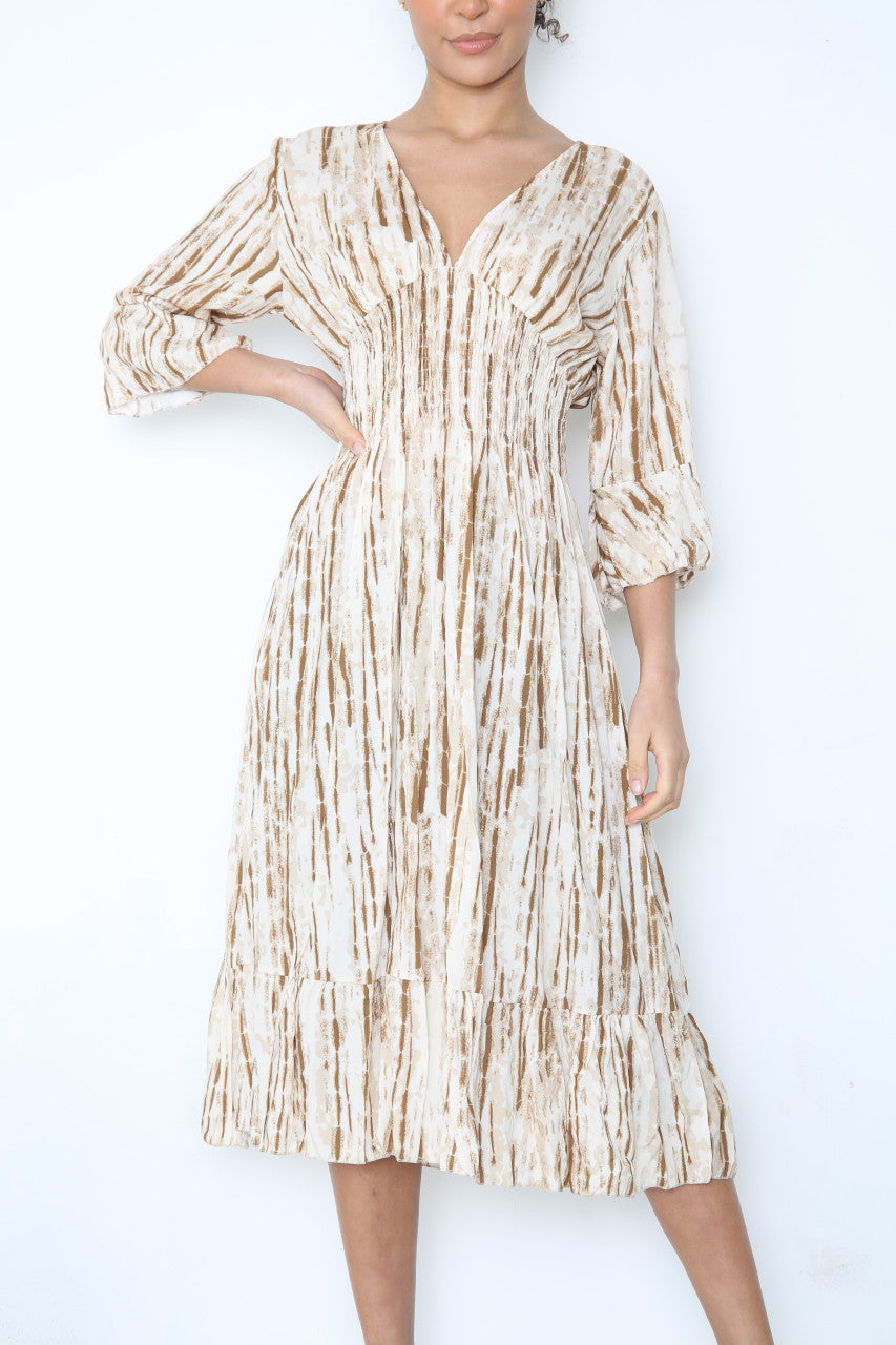 Ladies Elasticated Waistline Tie Dye Print Maxi Dress Stone