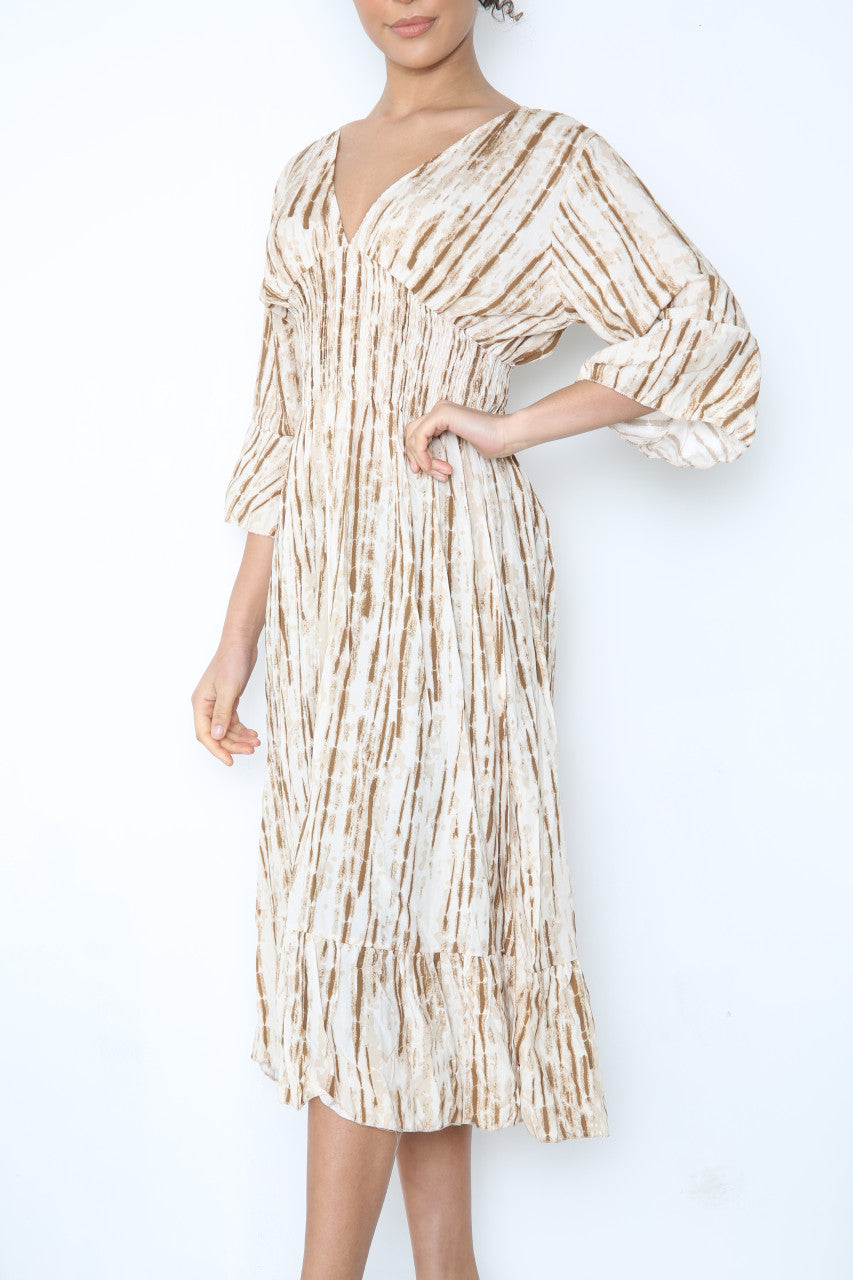 Ladies Elasticated Waistline Tie Dye Print Maxi Dress Stone