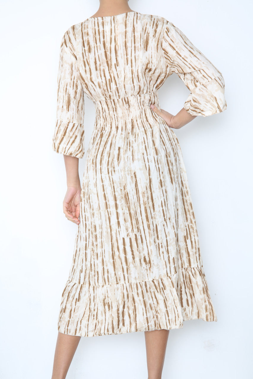 Ladies Elasticated Waistline Tie Dye Print Maxi Dress Stone