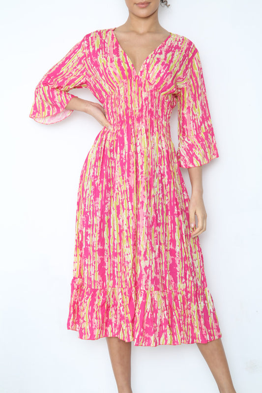 Dames Maxi Jurk Met Elastische Tailleband En Tie-Dye Print Cerise