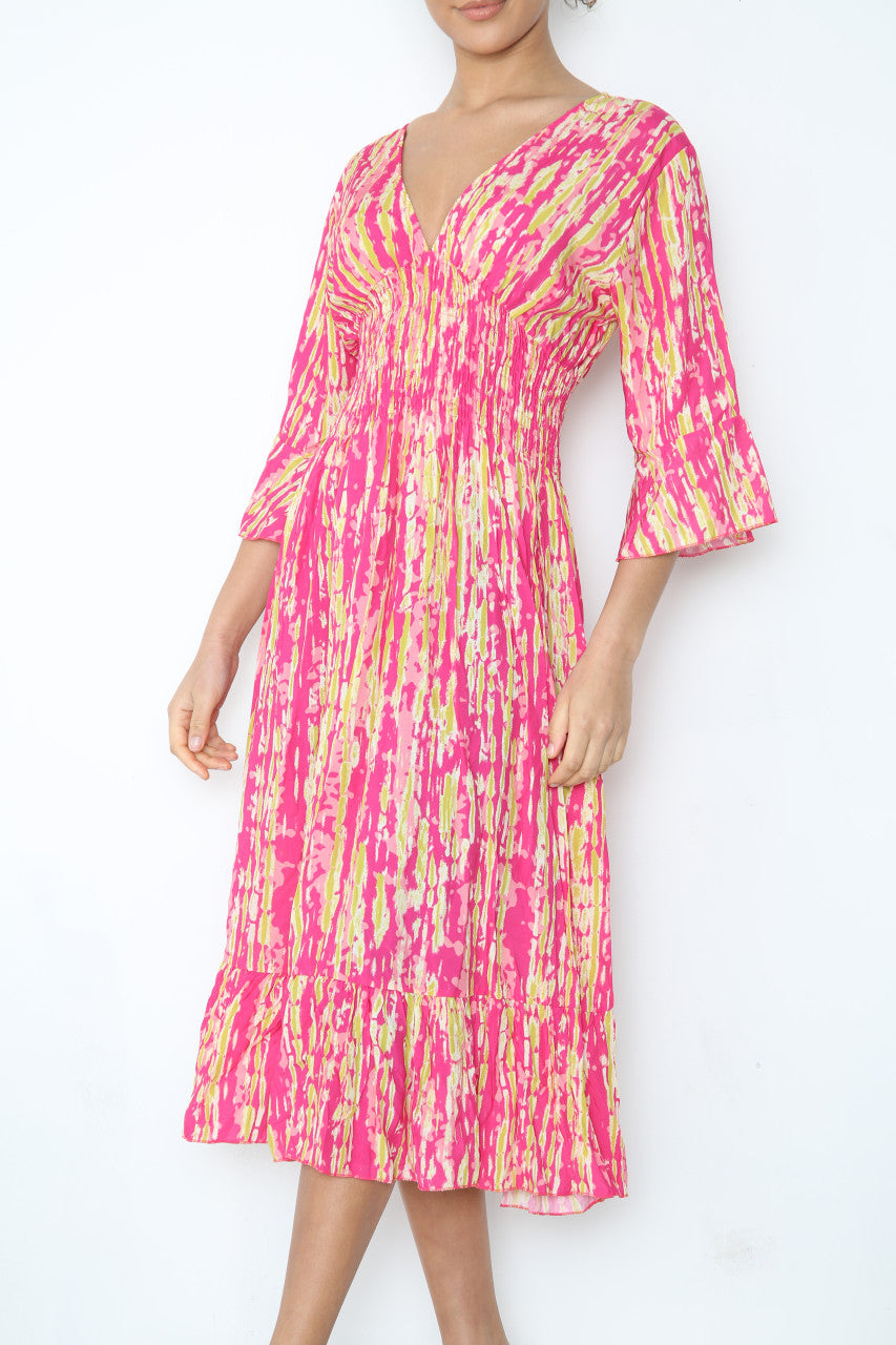 Ladies Elasticated Waistline Tie Dye Print Maxi Dress Cerise