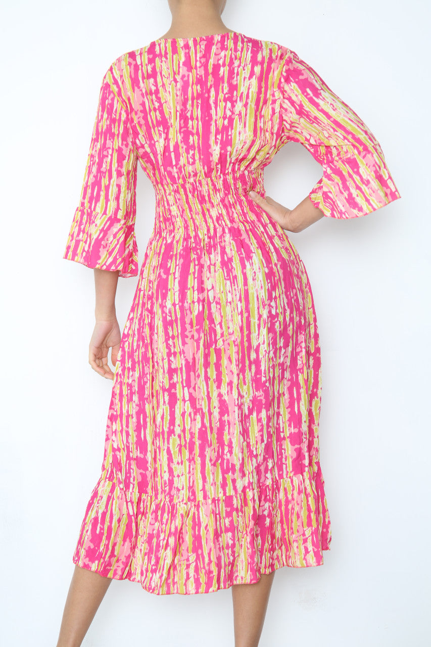Ladies Elasticated Waistline Tie Dye Print Maxi Dress Cerise
