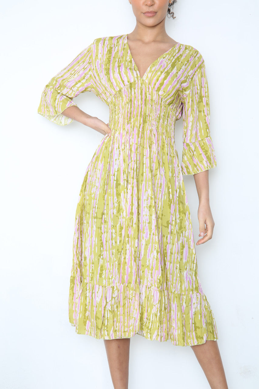 Ladies Elasticated Waistline Tie Dye Print Maxi Dress Lime