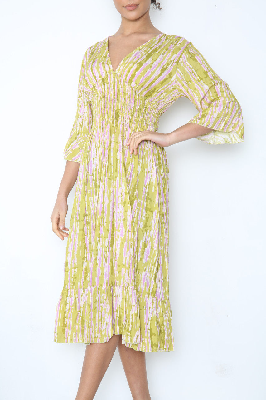 Ladies Elasticated Waistline Tie Dye Print Maxi Dress Lime