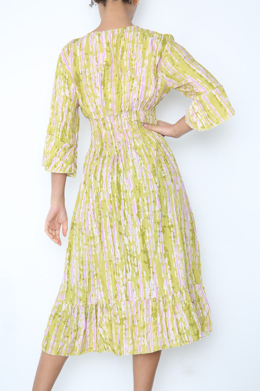 Ladies Elasticated Waistline Tie Dye Print Maxi Dress Lime