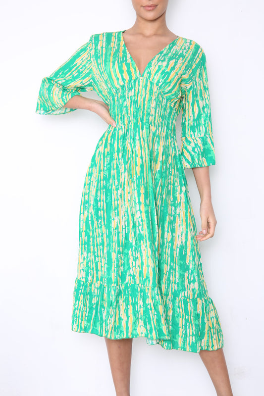 Dames Elastische Taille Tie Dye Print Maxi Jurk Groen