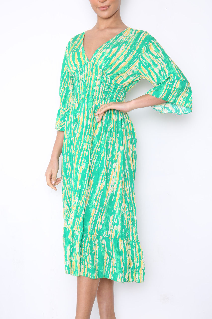 Dames Elastische Taille Tie Dye Print Maxi Jurk Groen