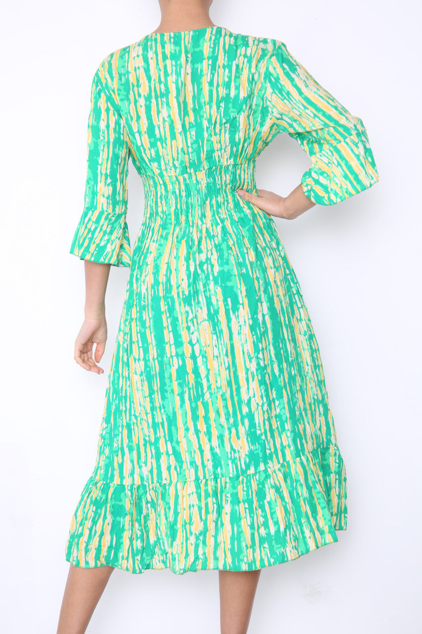 Dames Elastische Taille Tie Dye Print Maxi Jurk Groen