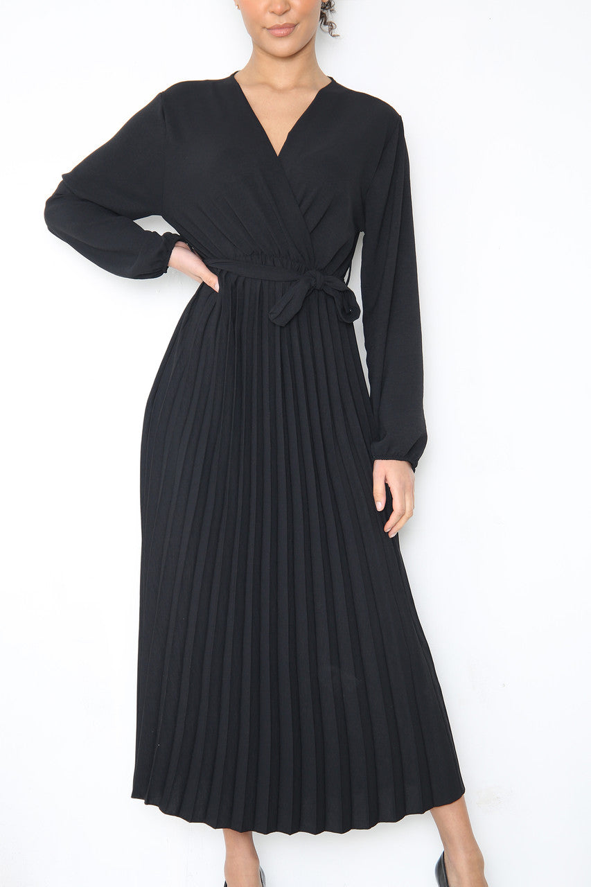 Ladies Plain Pleated Bottom Belted Wrap Style Dress Black