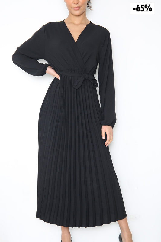 Ladies Plain Pleated Bottom Belted Wrap Style Dress Black