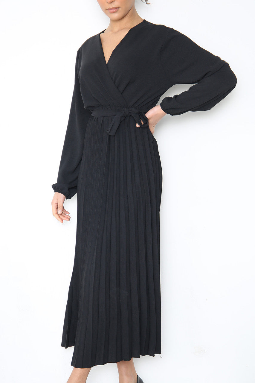 Ladies Plain Pleated Bottom Belted Wrap Style Dress Black
