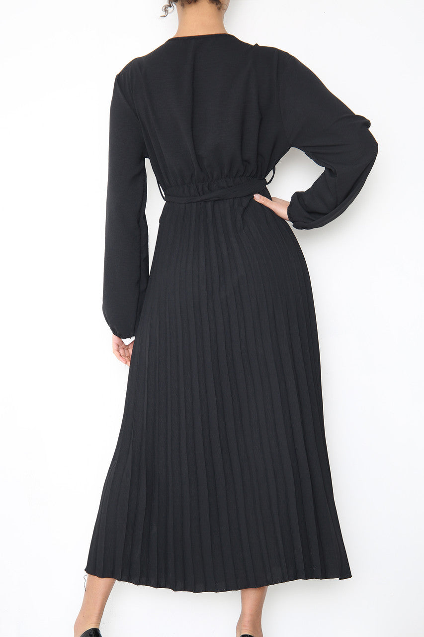 Ladies Plain Pleated Bottom Belted Wrap Style Dress Black