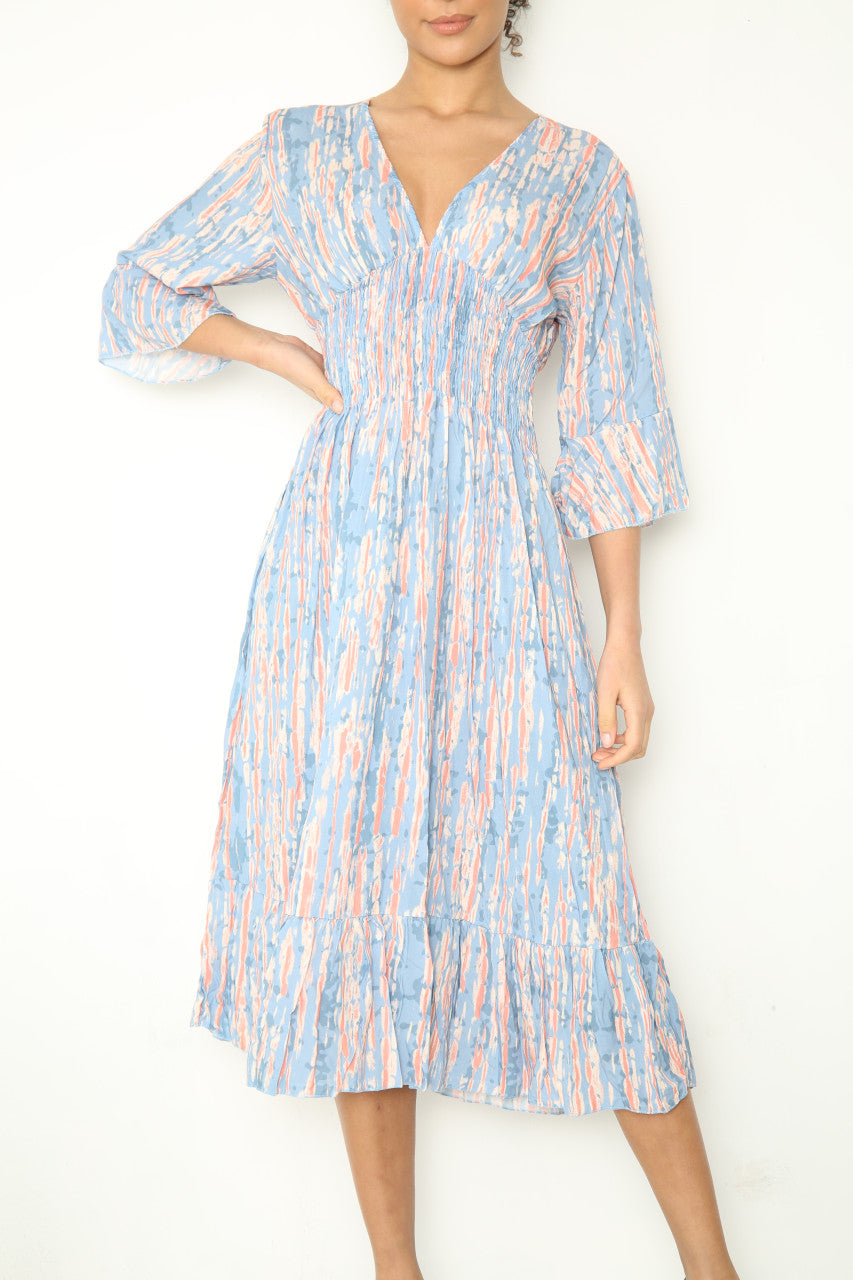 Ladies Elasticated Waistline Tie Dye Print Maxi Dress Light Blue