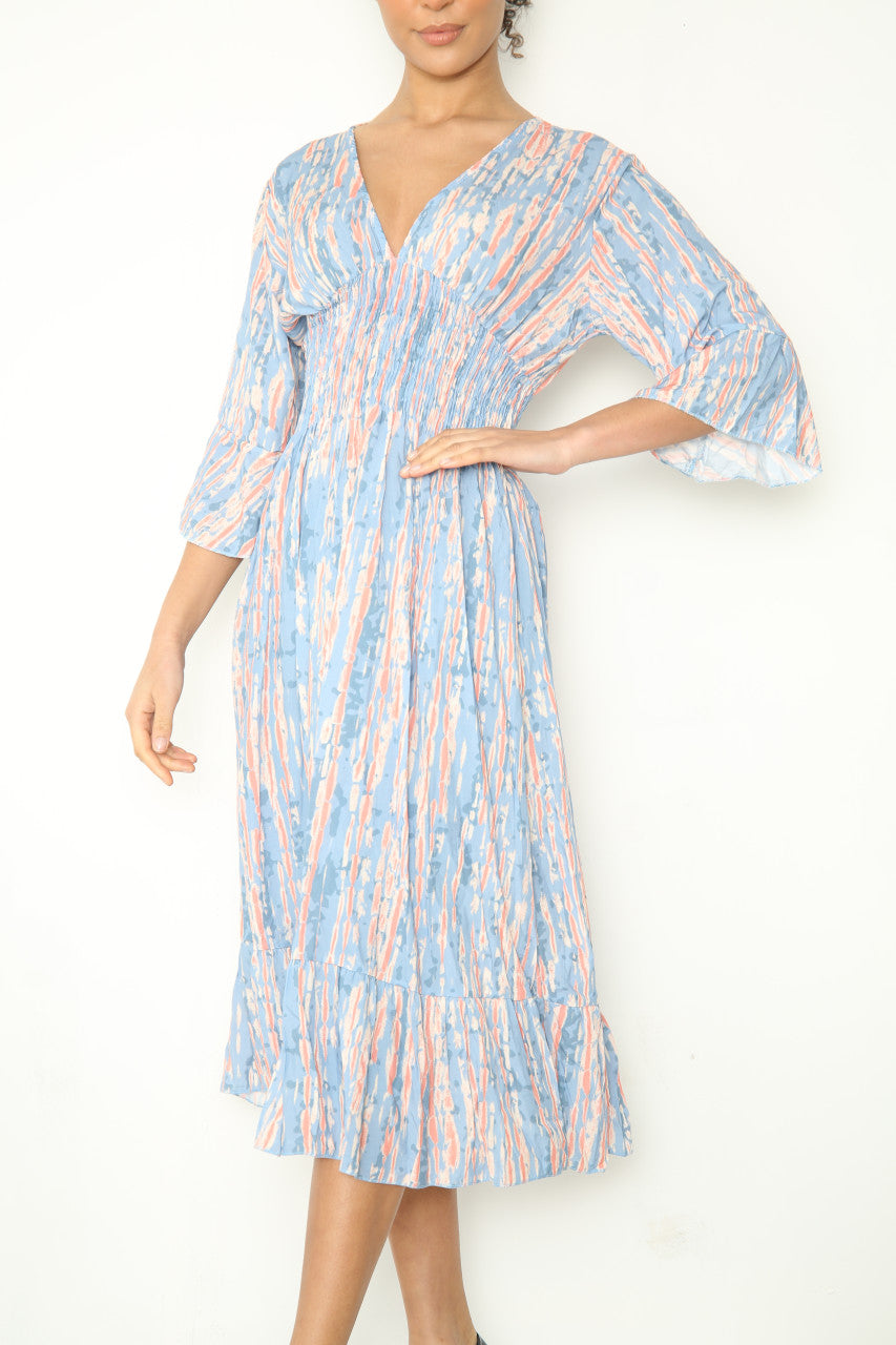 Ladies Elasticated Waistline Tie Dye Print Maxi Dress Light Blue