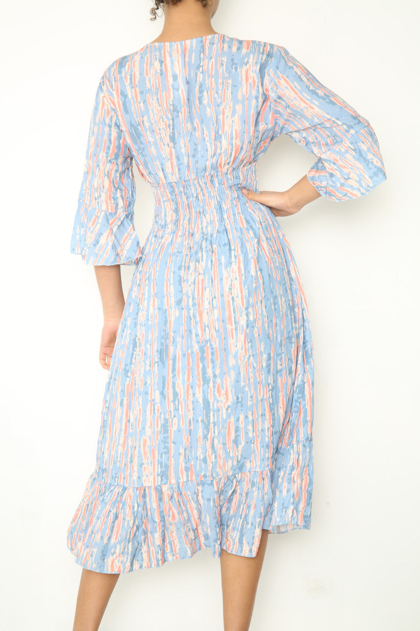 Ladies Elasticated Waistline Tie Dye Print Maxi Dress Light Blue